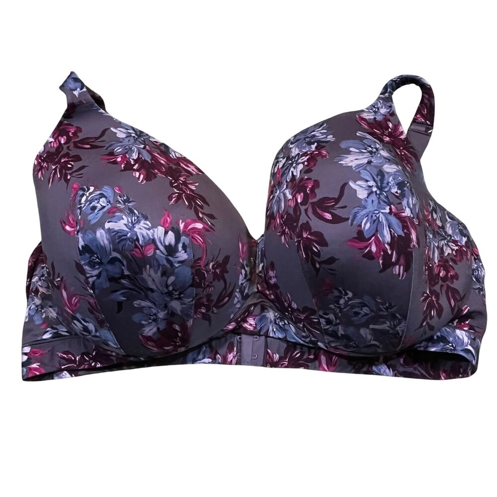 Cacique 46DD Floral Underwire Bra Purple Mauve Full Coverage Lingerie